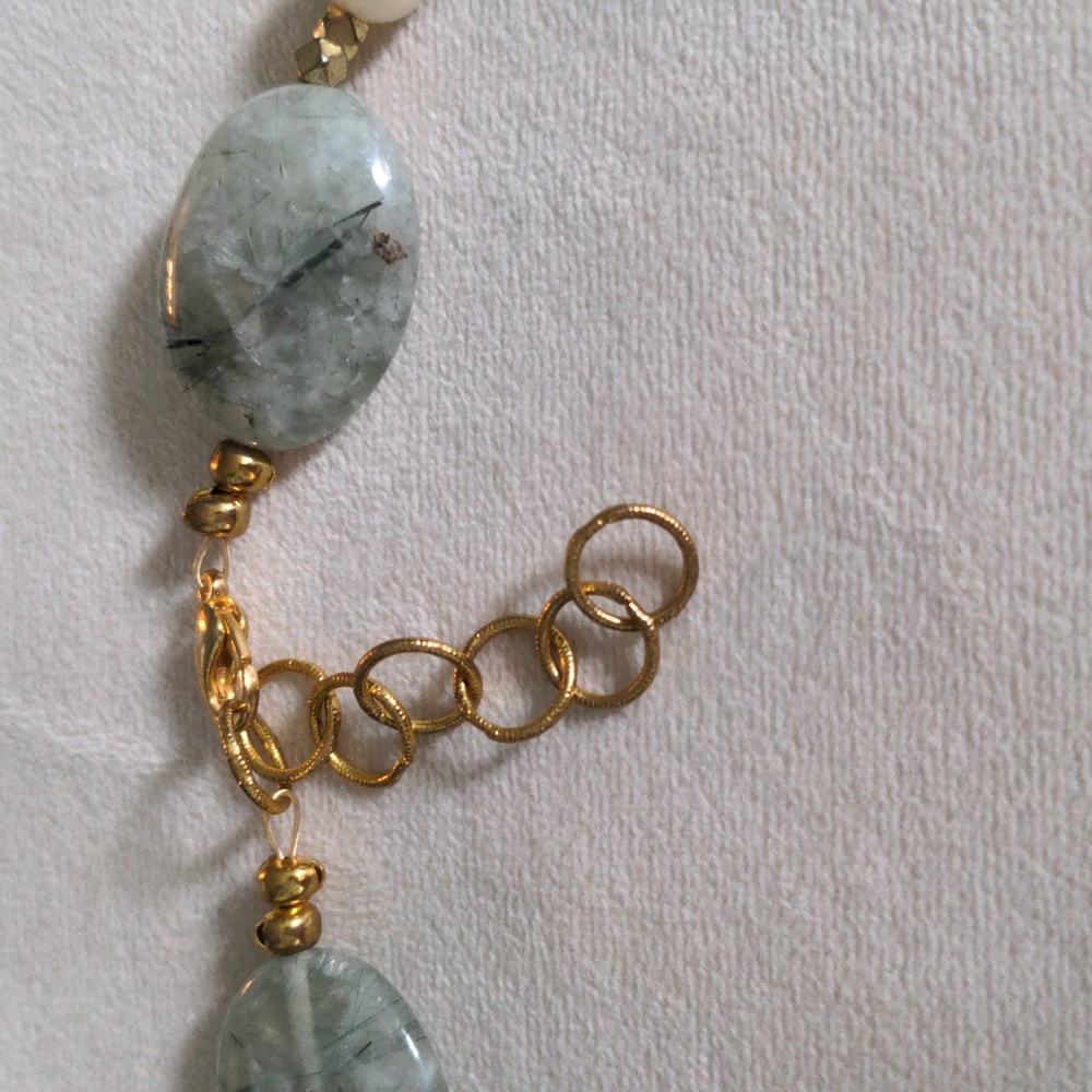 New Green & Gold Leaf Pendant Necklace, Handcrafted, Prenite Gemstones, Pearls - Picture 8 of 10